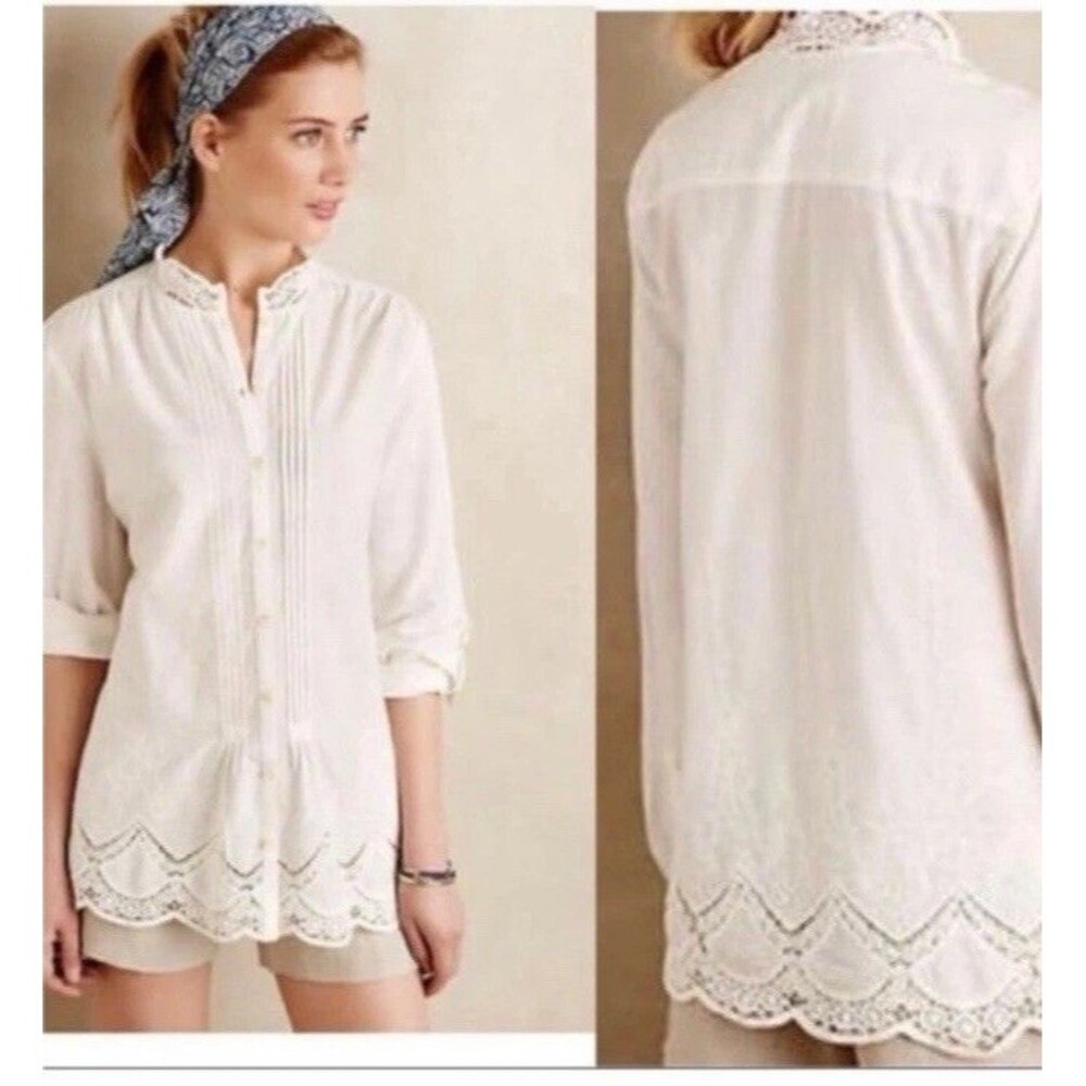 Anthropologie Isabella Sinclair Blouse Large White Embroidered Lace Button Up